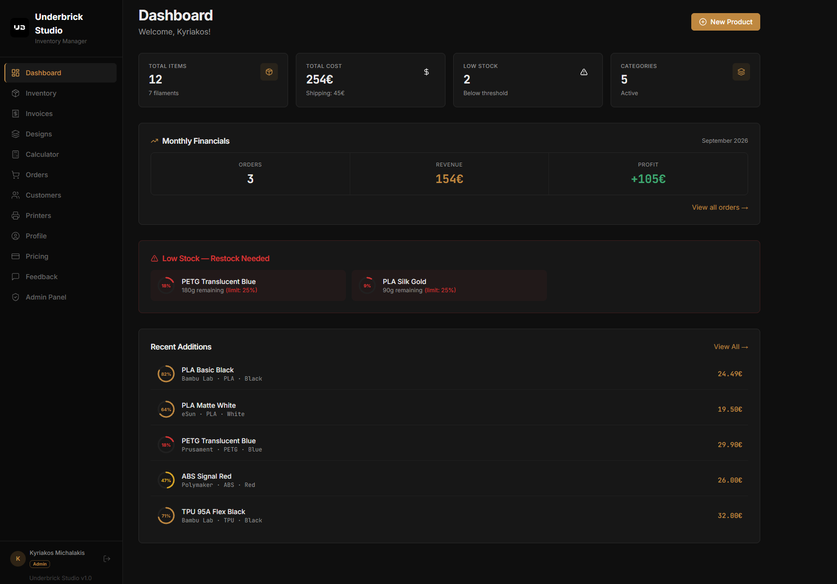 Underbrick Studio — Business Management SaaS for 3D Printing interface